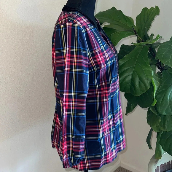 TALBOTS Petite Women’s Split-Neck Tunic Blouse Top Red Cabin Plaid Velvet - Picture 5 of 14